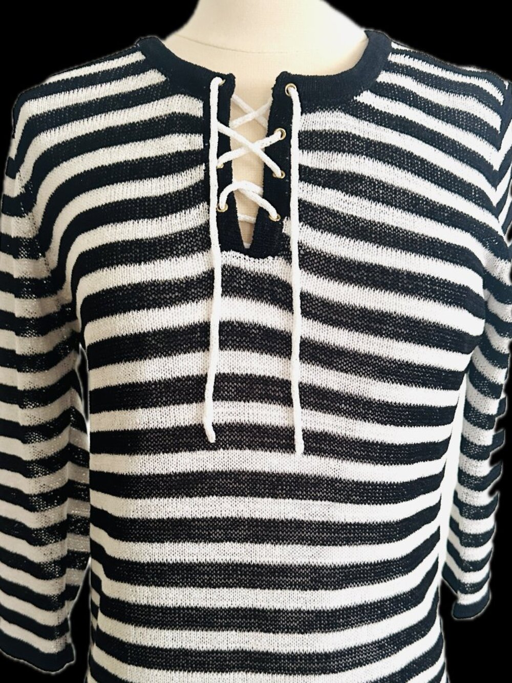 LouLou Knit Nautical Top 3/4 Sleeve Lined Black & White Stripe Lace Up, Large
